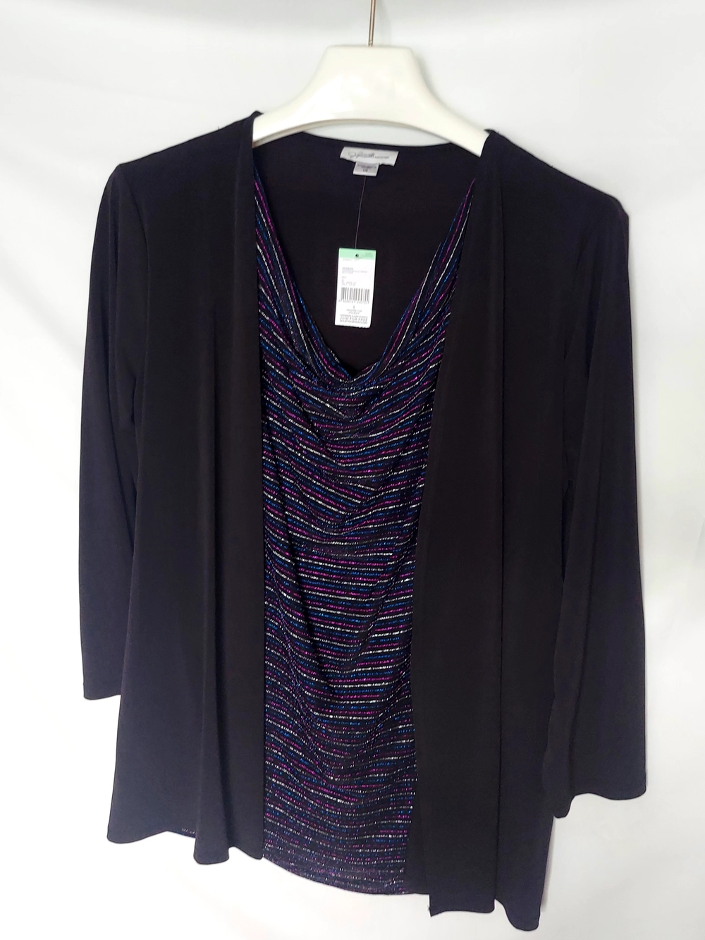 Jaclyn Smith Black Layered Look Blouse with Multicolor Metallic Stripes